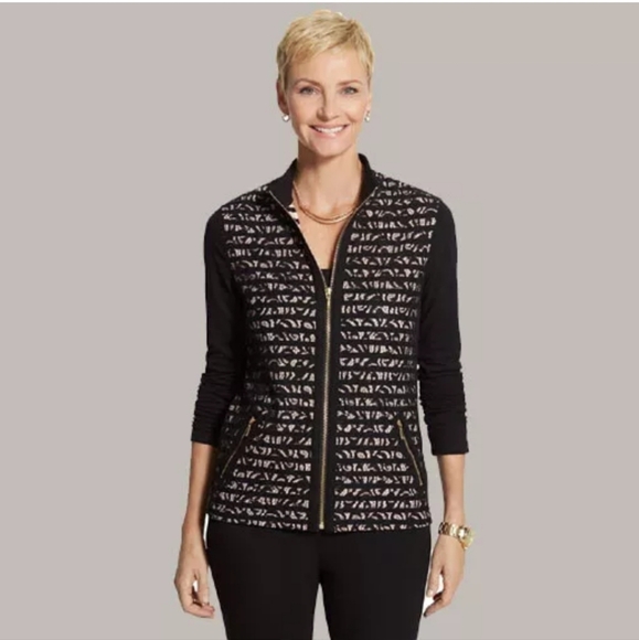 CHICOS ZENERGY COLLECTION Knit Black Lace Black/Cream Stripe JACKET Sz 3 XL 16 - Picture 1 of 13